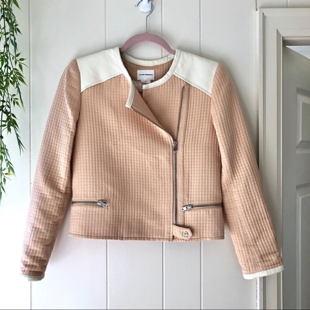 Club Monaco Quilted Bomber Jacket Peach White